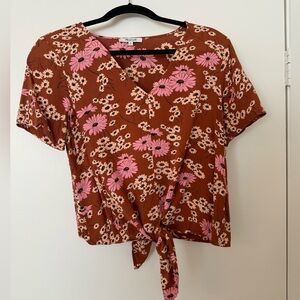 Madewell Rust Floral Tie-Front Crop Top with Pink Blooms